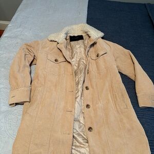 LUCKY BRAND Size Small Tan Corduroy Faux Fur-Lined Button Down Long Coat